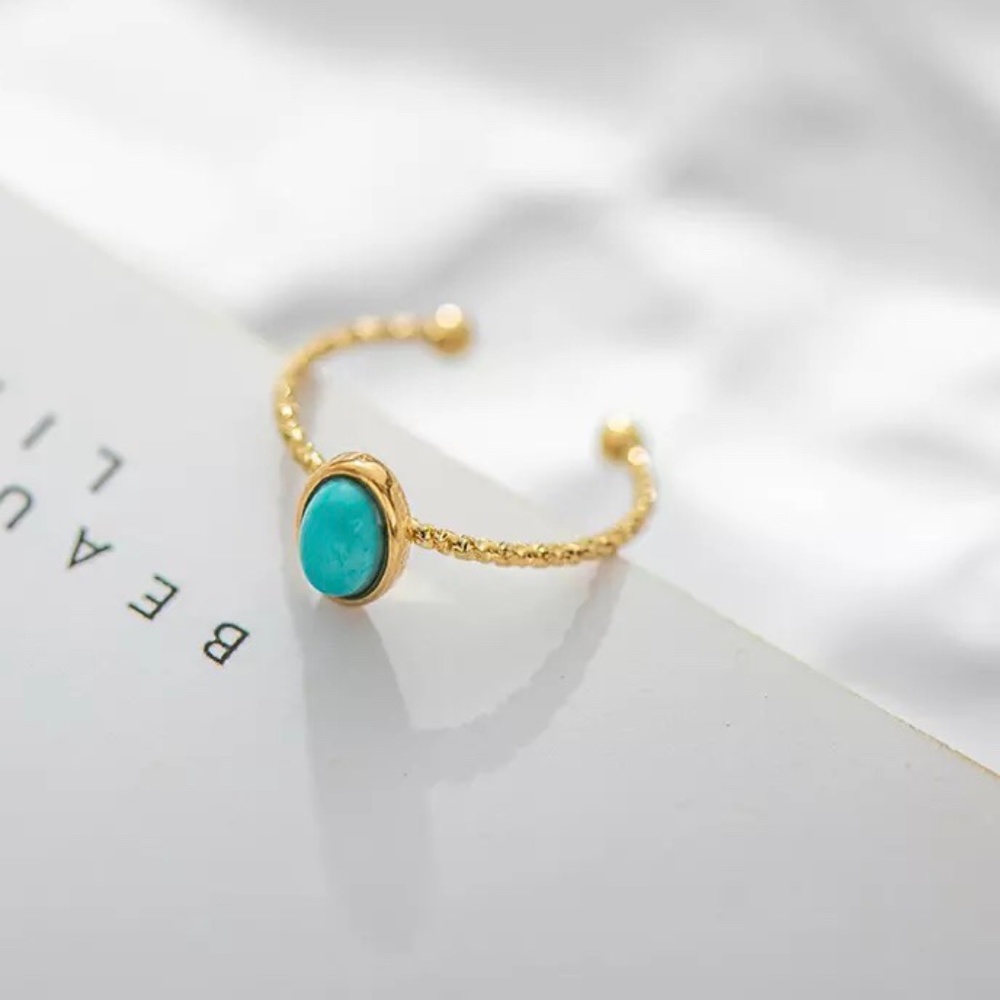 Turquoise Veined Stone Gold Twist Ring Adjustable Band